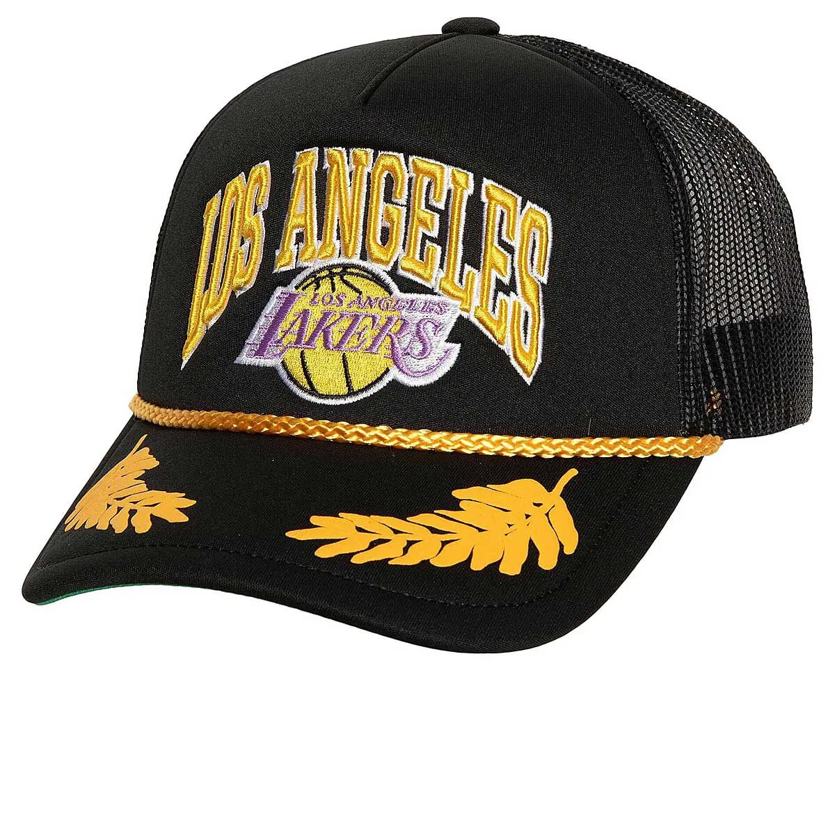 Los Angeles Lakers NBA Mitchell & Ness Gold Leaf Trucker Cap HWC Los Angeles Lakers NBA Mitchell & Ness Gold Leaf Trucker Cap HWC